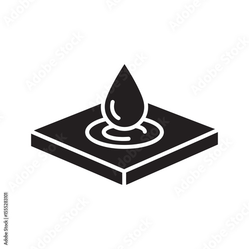 Water resistant surface icon with a liquid drop on a flat plane representing a waterproof coating and hydrophobic material property vector solid glyph icon