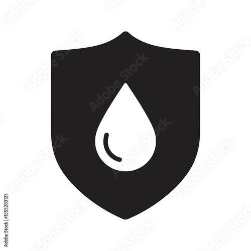 Waterproof shield icon with a liquid drop for material protection against rain moisture and water damage representing repellent technology vector solid glyph icon
