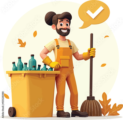 Cartoon janitor cleaning service illustration with broom and recycle bin for eco friendly concept