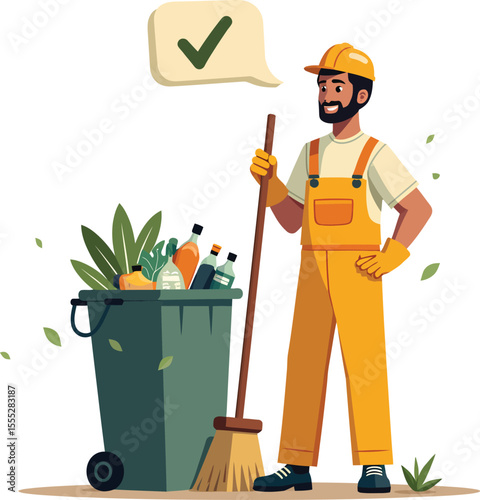 Cleaning service man with broom and trash can vector illustration for cleaning company promotion