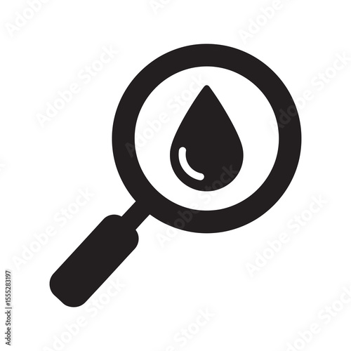 Water quality analysis icon with a magnifying glass on a drop for testing liquid purity and scientific research on contamination levels vector solid glyph icon