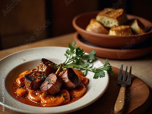 A gourmet dish featuring seared meat medallions served on a bed of creamy carrot puree, garnished with fresh herbs, accompanied by rustic bread in the background.