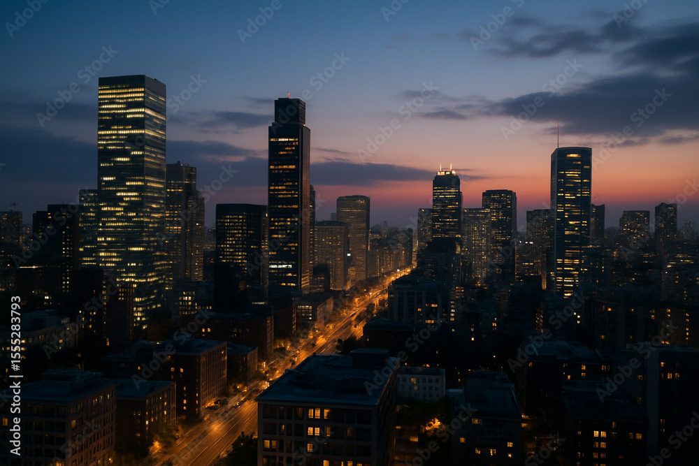 Obraz premium A panoramic cityscape at dusk showing a vibrant urban skyline with high-rise buildings lit from within. The golden hour glow illuminates the sky as streetlights and traffic trails create a dynamic atm