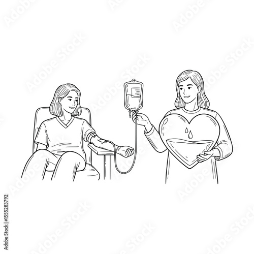 Woman donating blood while medical staff supervises, heart symbol present, Vector Illustration