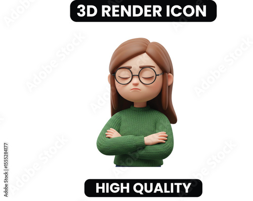 3D Annoyed Woman Character with Arms Crossed. An expressive avatar showing frustration, disapproval, or boredom. Perfect for representing customer dissatisfaction or a negative response.
