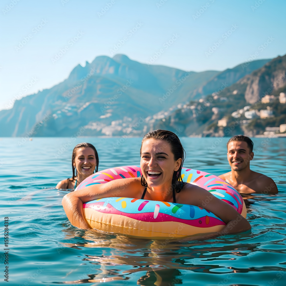 Obraz premium A happy group of three young adult friends, two females and one male, enjoy swimming in clear blue ocean water with a beautiful mountainous coastline behind them