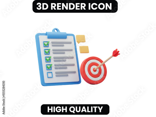 3D Goal Achievement & Strategy Icon Set. A completed checklist and a perfectly hit target symbolize successful planning, task completion, and achieving objectives. Ideal for business and productivity.