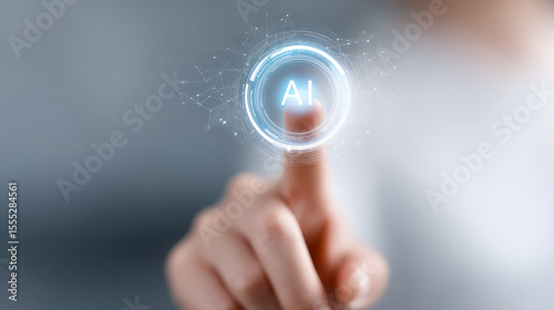 Touching the AI technology button. A finger is poised to activate a glowing AI symbol, symbolizing the interaction with technology concepts.