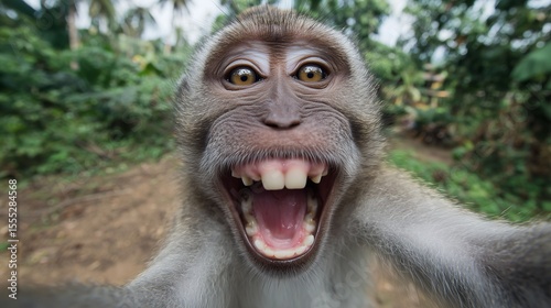Laughing monkey selfie in jungle environment