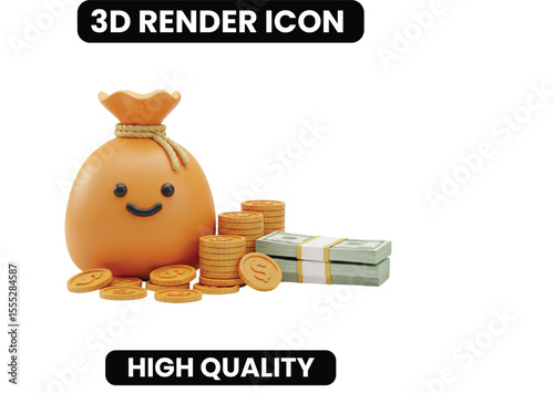  Friendly 3D Orange Money Bag Icon with Wealth. A charming mascot representing financial success, profit, and abundant savings. An engaging visual for business, finance, and economic topics.