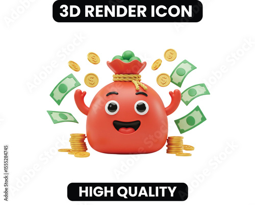 Joyful 3D Red Money Bag Character. An expressive and happy mascot overflowing with cash, symbolizing wealth, good fortune, and financial happiness. Great for promotions and financial literacy.