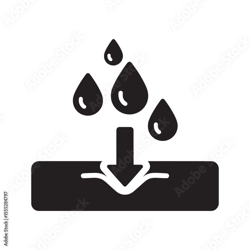 Liquid absorption icon with drops and a downward arrow for absorbent material moisture soaking and surface penetration analysis vector solid glyph icon