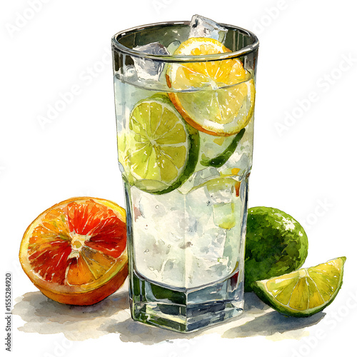 Gin fizz cocktail with ice cubes and lemon slice in a highball glass. Watercolor illustration isolated on white background. Alcoholic drink with citrus and soda.