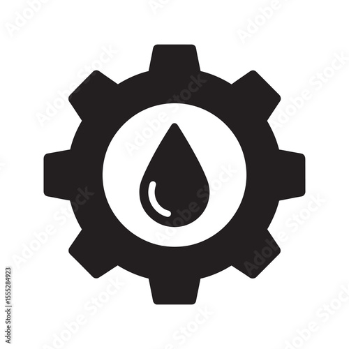 Industrial waterproof technology icon with a gear and a water drop representing durable liquid resistant machinery and equipment vector solid glyph icon