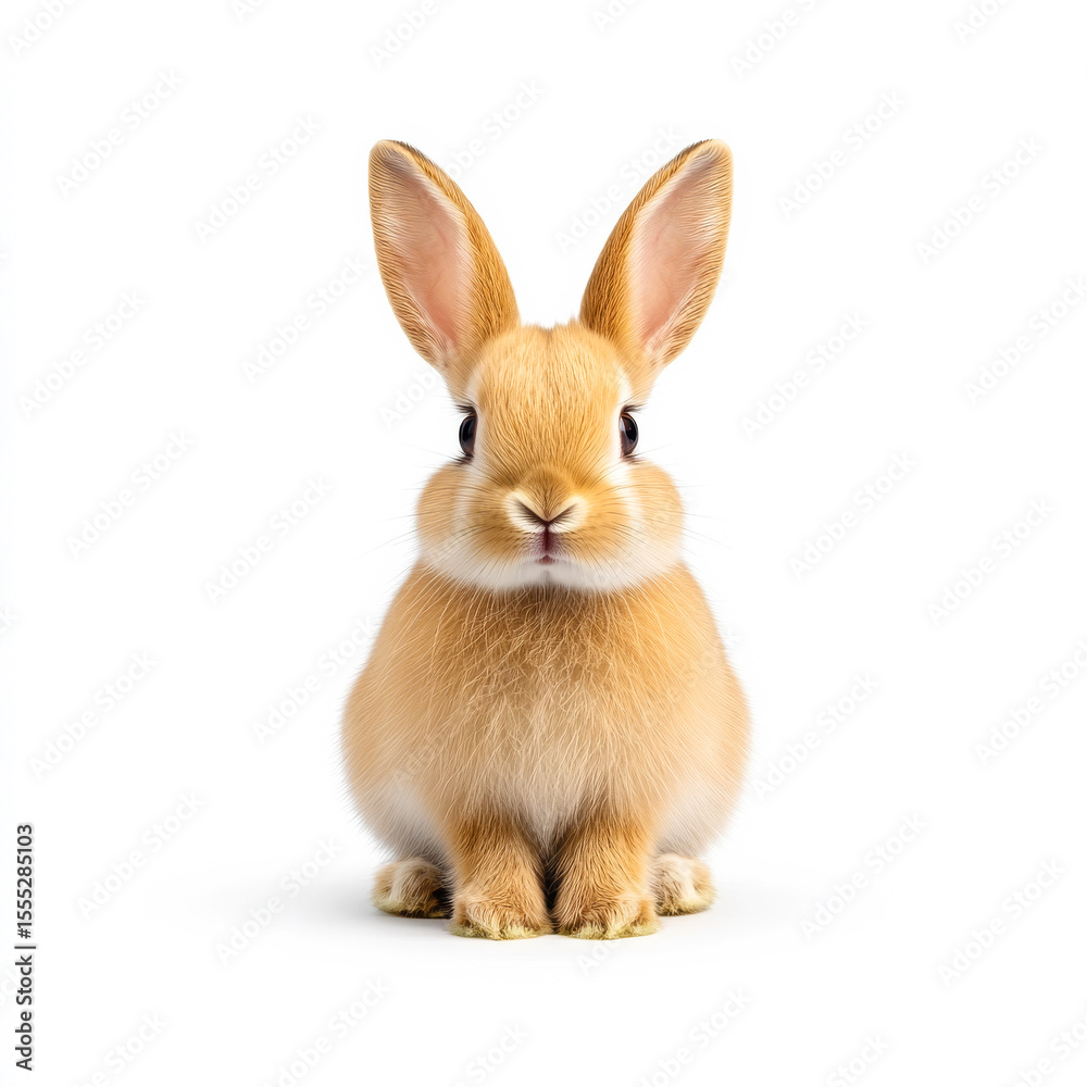 Obraz premium Adorable rabbit on white. A fluffy orange rabbit poses on a white surface, showcasing its big ears and soft fur, looking directly at the viewer.