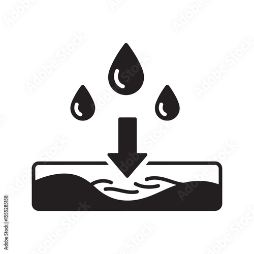 Water absorption process icon with drops entering a wavy surface for analyzing material permeability and moisture soaking capability vector solid glyph icon