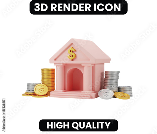 Charming 3D Pink Bank & Coins Icon. Represents modern banking, savings, and financial services with a friendly touch. Perfect for fintech apps, wealth management, and investment visuals.