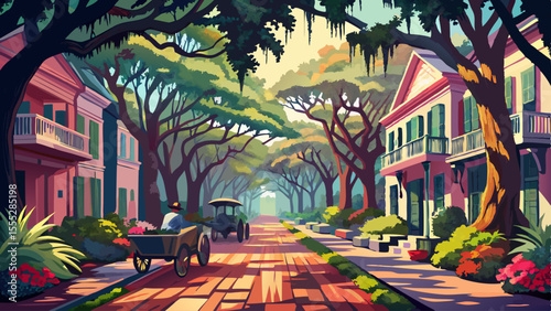Moss-covered oak trees arch over quiet streets, casting dappled shade on centuries-old mansions. Blooming azaleas line the walkways,. Warm light filters through Spanish moss as the city glows in soft 