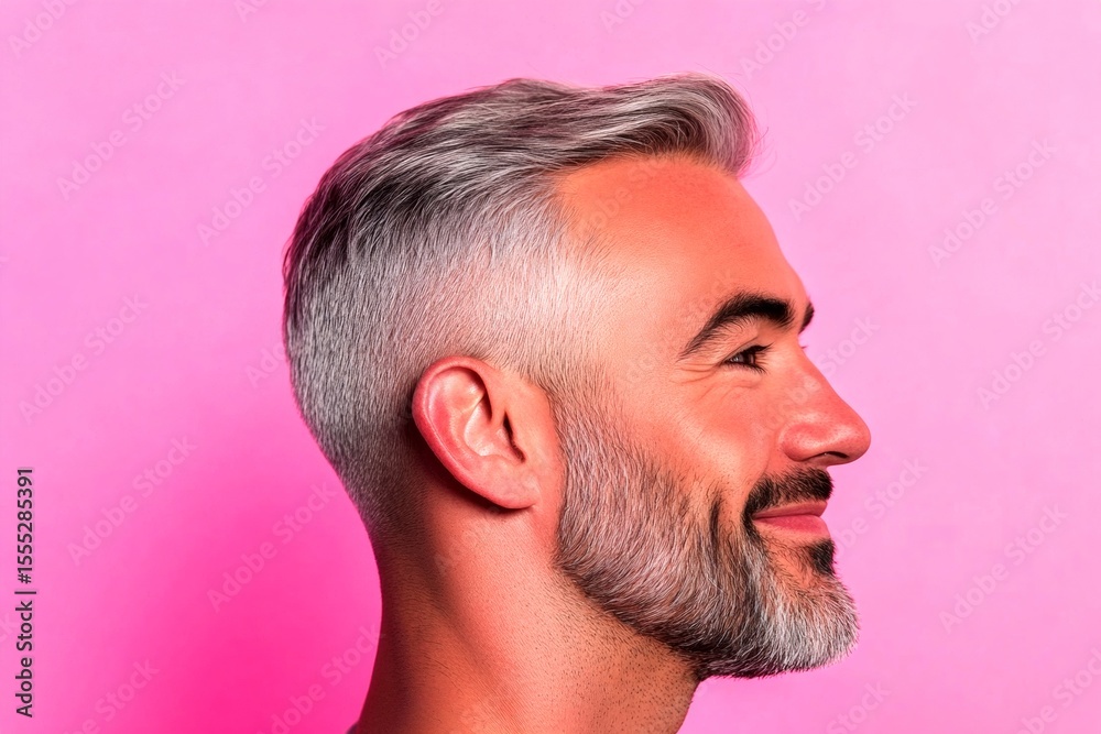 Fototapeta premium Trendy men's fade haircut - midlife arabian man with short hair. A glowing man radiating happiness and confidence. Pink solid background. Creative of style for aging men.
