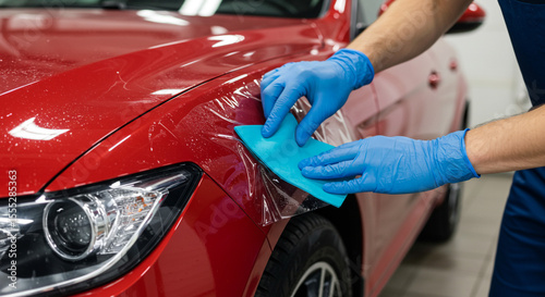Application of paint protection film on a red car with gloved hands and a blue squeegee tool used