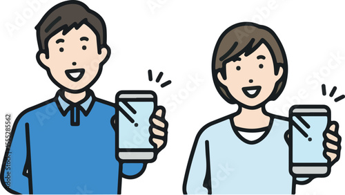 Man and woman in plain clothes showing mobile phones