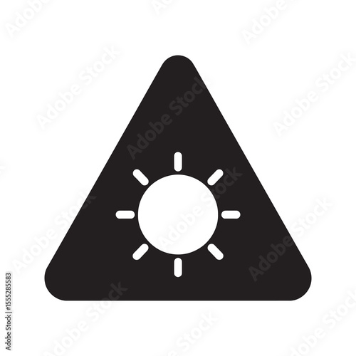 Sun exposure warning sign icon with a sun in a triangle for UV radiation hazard and heatstroke prevention awareness on a hot day vector solid glyph icon
