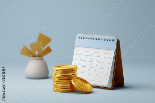 Stacked coins with calendar and vase on blue desk