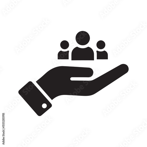 Team support icon with hand holding a group of people for human resource and management a symbol for leadership and community care nice vector solid glyph icon