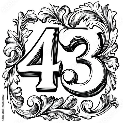 Ornate White Number 43 Inside Elegant Floral Frame on Transparent Background