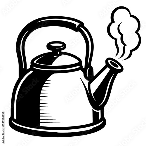 Classic Black and White Steaming Kettle Vector - Perfect for Kitchen, Hot Drinks, and Home Designs