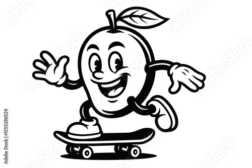Cheerful Black and White Mango Mascot on Skateboard Vector - Fun and Playful Fruit Character Illustration