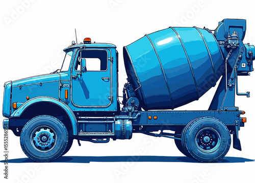 Blue concrete mixer truck side view illustration on white background for transportation and construction concept