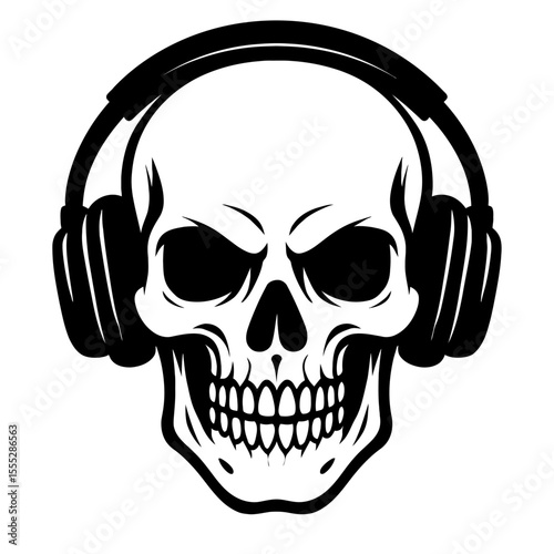 Bold Black and White Skull with Headphones Vector - Music, DJ, and Edgy Design Concept