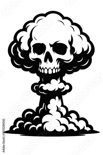Striking Black and White Nuclear Explosion Skull Mushroom Cloud Vector - Symbol of Catastrophe and Danger