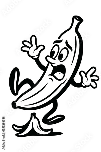 Funny Black and White Banana Slipping on Peel Cartoon - Humorous Fruit Hazard Illustration