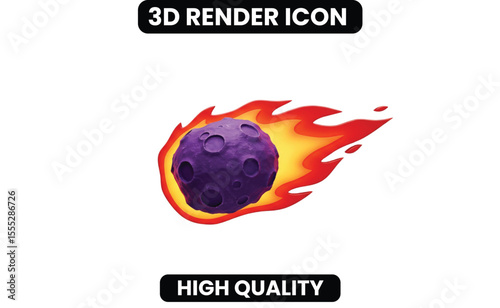 Dynamic 3D Meteor Icon with Fiery Trail. A powerful symbol of speed, impact, and cosmic energy. Ideal for projects related to space, science, gaming, or to represent a fast-moving, high-impact event.