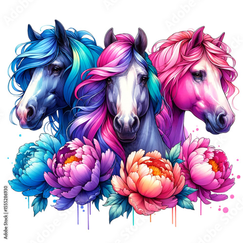 Three horses surrounded by peony: A unique artistic composition presenting three majestic horses, their manes and surroundings adorned with an explosion of vibrant, rainbow-colored hues.