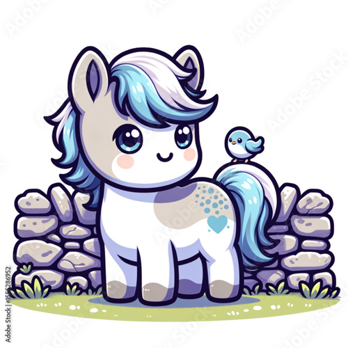 Cuteness Unleashed: A whimsical, animated pony with striking blue hair and an adorable, inviting presence. Accompanied by a sweet bird companion and resting beside a stone wall.