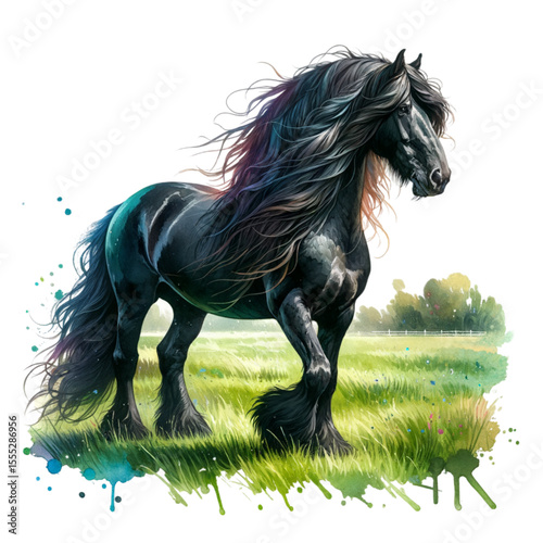 Majestic Black Horse in Field: A strong black horse with flowing mane and tail stands gracefully in a vibrant, green field, a symbol of power and freedom.