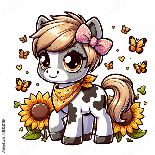 Cute Pony with Sunflowers and Butterflies: An adorable cartoon pony with a stylish haircut, a pink bow, and a bandana, surrounded by cheerful sunflowers and fluttering butterflies.