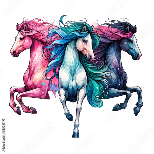 Whimsical Trio: A trio of vibrant horses dance across the canvas, their manes and bodies awash in a spectrum of vivid hues, creating an uplifting and magical scene. 