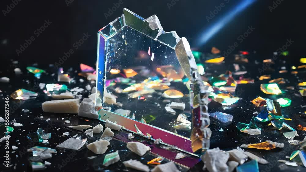 Broken mirror reflecting colorful light fragments in dark setting with scattered shards