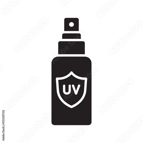 UV protection spray icon with a shield symbol for sunblock and skincare a bottle of sunscreen for sun safety and cosmetic skin care product vector solid glyph icon