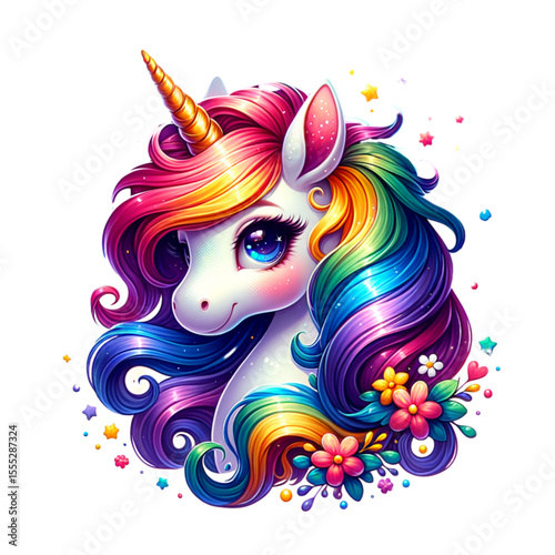 Majestic Unicorn of Dreams: A vibrant and whimsical unicorn with a golden horn and a rainbow mane. The majestic creature embodies fantasy and dreams with its endearing charm.