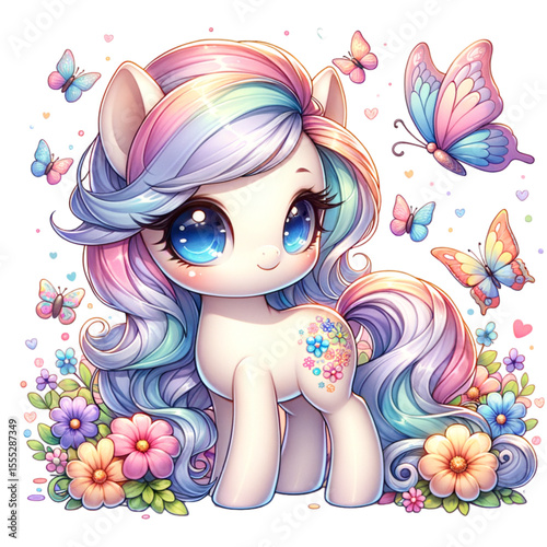 Whimsical Pony with Butterflies: A charming illustration of a cute pony with rainbow-colored hair and bright, expressive eyes, surrounded by colorful butterflies and flowers.