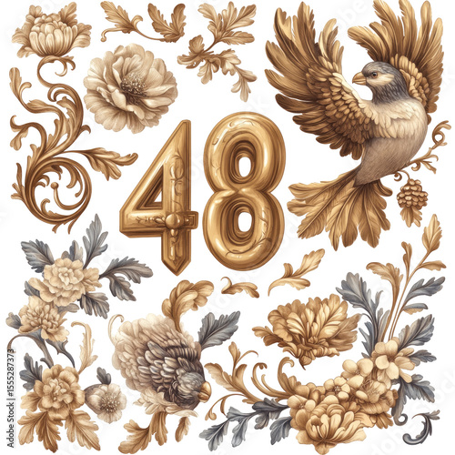 Vintage Floral Arrangement With Bird And Golden Number 48 On Transparent Background
