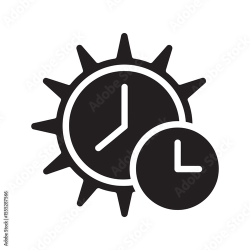 Sun exposure time icon with sun and clock a symbol for managing time in the sun and avoiding peak uv radiation hours for skin safety vector solid glyph icon