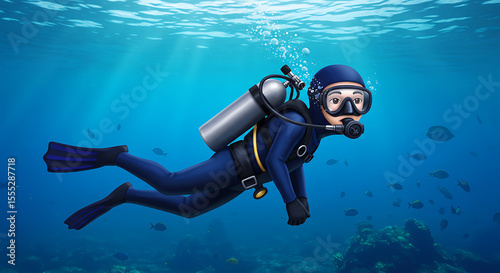 Realistic emoji of a scuba diver in full diving suit and oxygen tank, underwater posture, neutral face, PNG.