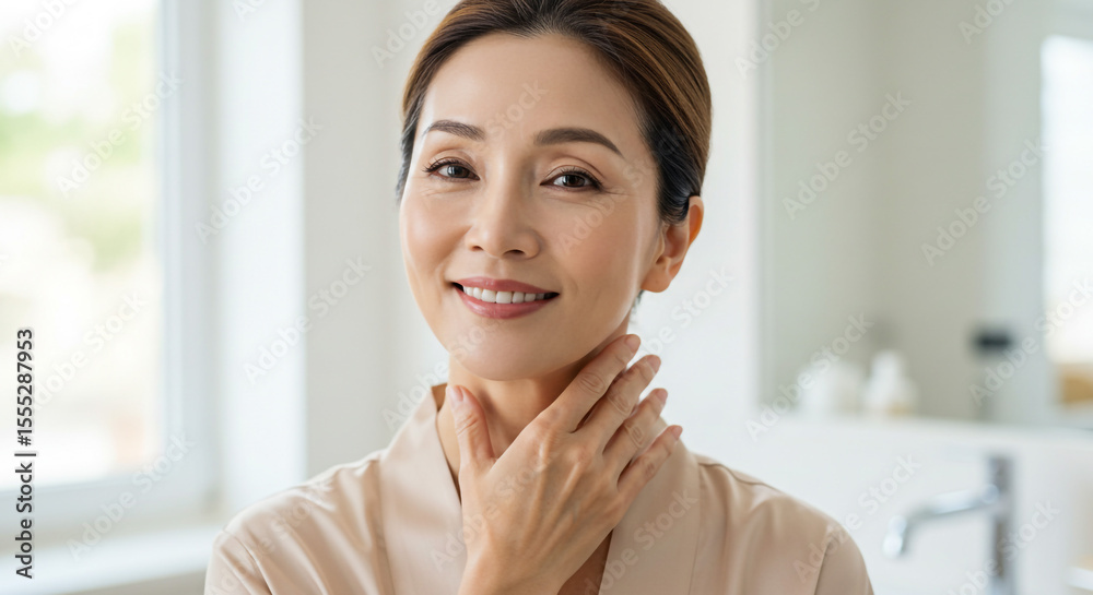 Portrait of a smiling asian woman in a robe touching her neck in a bright bathroom setting indoors Portrait of a smiling asian woman in a robe touching her neck in a bright bathroom setting indoors