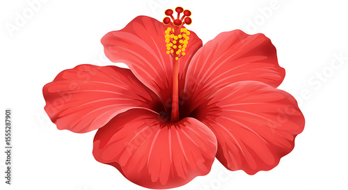  A red hibiscus flower with detailed petals and yellow stamen, tropical emoji-style vector on white.